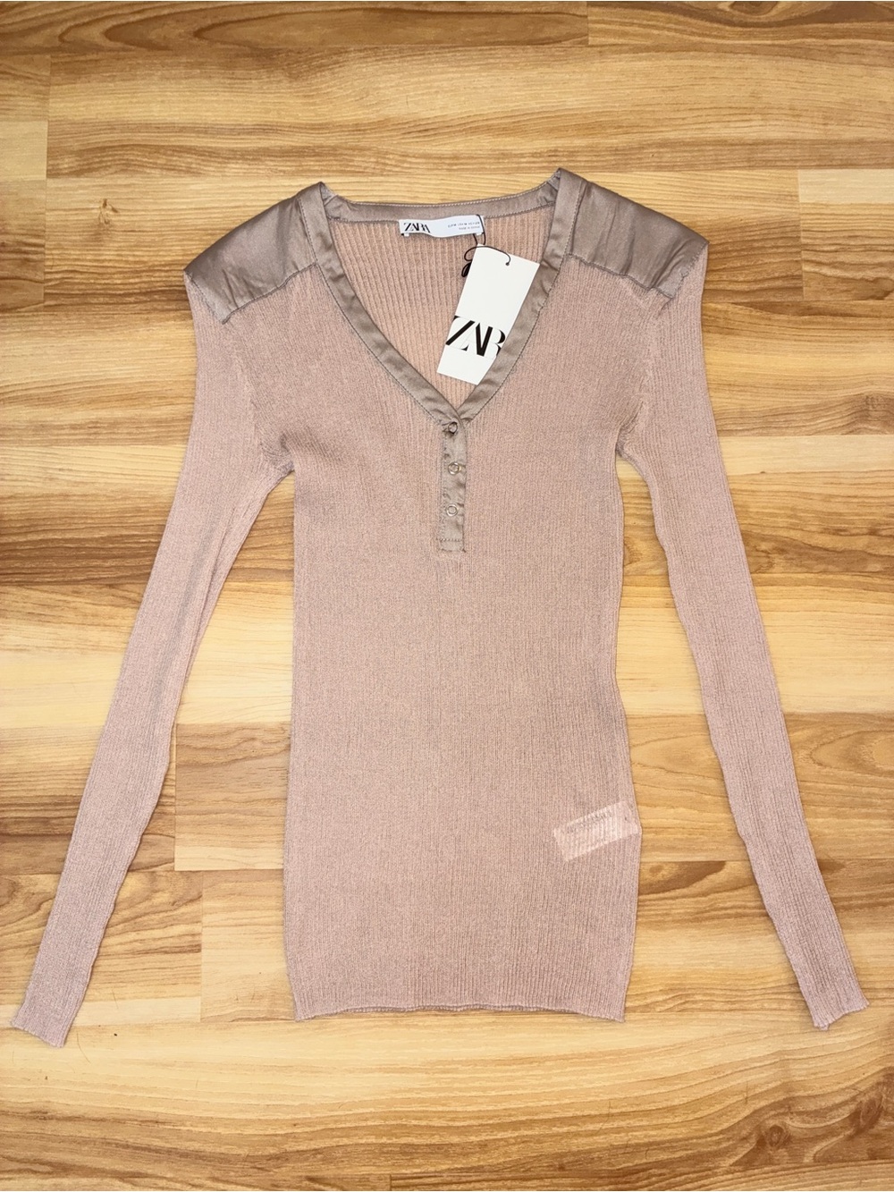 Zara Satin Detail Semi Sheer Henley Sweater